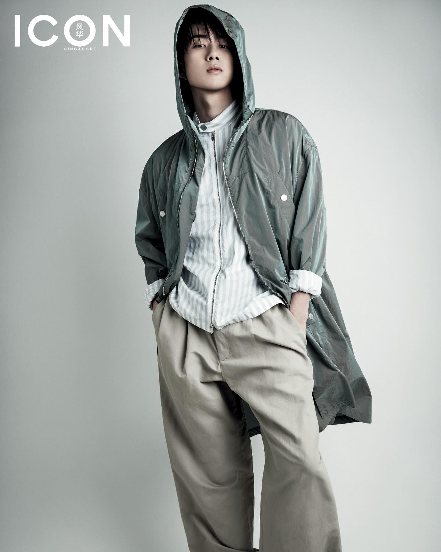 YANG YAN in a hooded coat for an ICON Singapore shoot